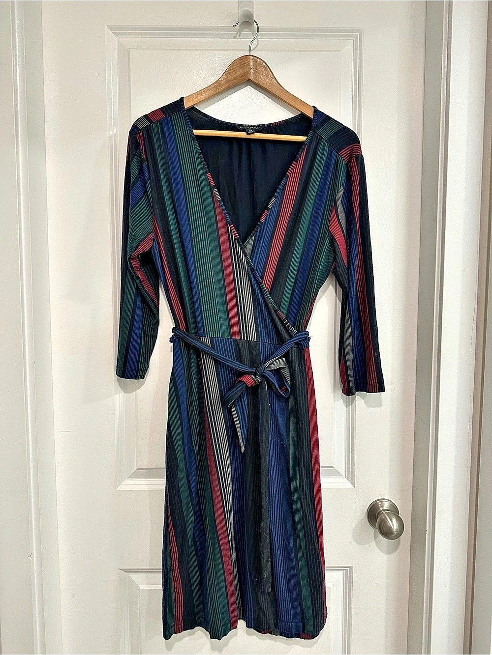 Banana Republic Striped Wrap Midi Dress Fall in Blue & Green Women’s Size Large